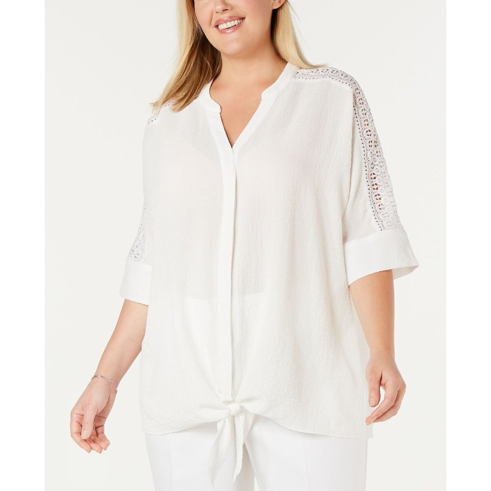 Alfani plus size 3X tie front crochet sleeve top blouse short sleeve career boho